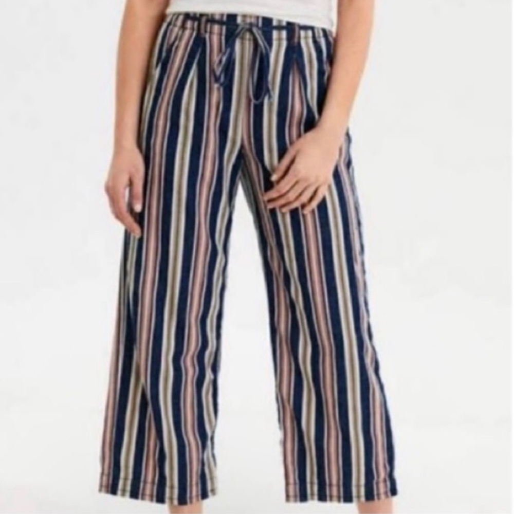 American Eagle Striped Drawstring Culottes / Capri Pants - Blue, Pink, Tan, 4